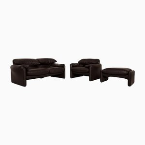 Dark Brown Leather Maralunga 2-Seat Sofa, Armchair & Pouf from Cassina, Set of 3