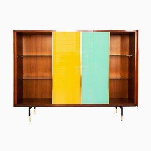Mid-Century Modern Teak Sideboard with Colored Glass Sliders, Italy, 1960s