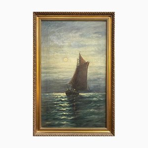 Boat at Night, 20th-Century, Oil on Canvas, Framed