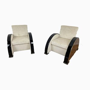 Art Deco Style Armchairs in Walnut and Piano Black with Brass Details