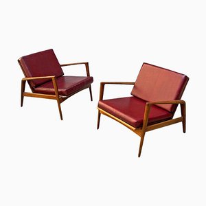 Mid-Century Danish Modern Solid Wood & Bordeaux Faux Leather Armchairs, 1960s, Set of 2