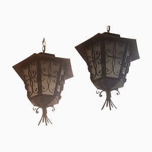 Lampade da soffitto vintage in ferro e vetro, set di 2