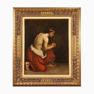 Flemish Painting of a Kneeling Figure, 17th-Century, Oil on Canvas, Framed