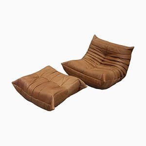 Vintage Tobacco Brown Togo Lounge Chair and Pouf Set by Michel Ducaroy for Ligne Roset, 1973, Set of 2