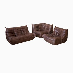 Dubai Brown Leather Togo Corner Seat, Lounge Chair and 2-Seat Sofa Set by Michel Ducaroy for Ligne Roset, 1970s, Set of 3