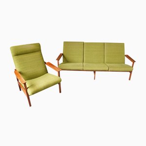 Mid-Century Teak Framed Two Piece Lounge Suite in Original Fabric from Guy Rogers, 1960s, Set of 2