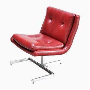 French Lounge Chair in Red Leather and Stainless Steel by Raphael Raffel, 1970s