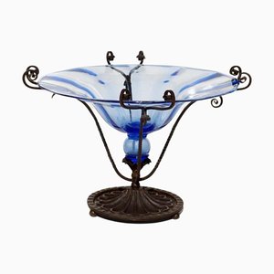 Art Nouveau Blue Murano Glass Wrought Iron Vase by Cappellin Bellotto, 1900s