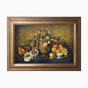 Maximilian Ciccone, Italia Still Life of Flowers & Fruit, olio su tela, Incorniciato