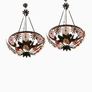 Vintage Italian Tole Murano Flower Light Pendants, Set of 2