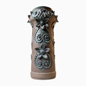 Scandinavian Relief Floor Vase with Green Flowers by Flemming Ross