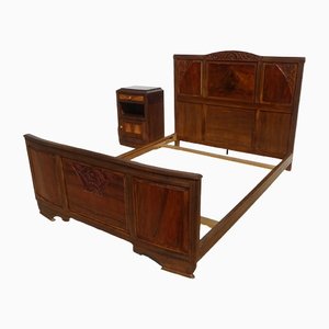 Art Deco Bed and Nightstand in Walnut and Burl, 1930s, Set of 2