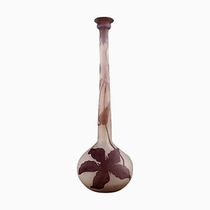 Vase à Col Étroit en Verre Givré et Violet par Emile Gallé