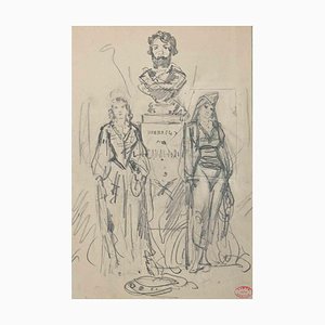 Alfred Grevin, The Statue and Women, Original Zeichnung, Spätes 19. Jh