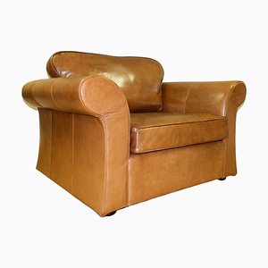 Tan Leather Armchair on Scroll Arms & Wooden Feet