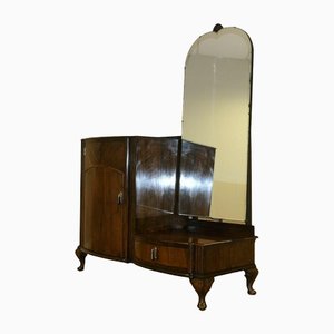 Art Deco Walnut Dressing Table on Cabriole Legs with Full Mirror & Three Drawers from CWS
