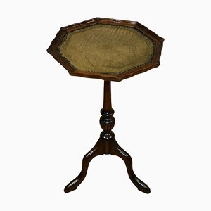 Mahogany Pie Crust Edge Tripod Side Table with Brown Leather Top