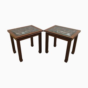Late 20th Century Chinese Hardwood Side Tables with Glass Tops, Set of 2