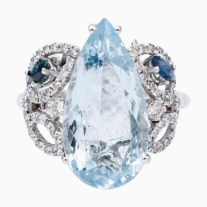 14 Karat White Gold Ring with Aquamarine, Sapphires and Diamonds