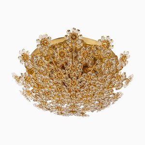 Petite Gilt Brass Cut-Glass Flower Flush Mount by Palwa, Germany, 1970s