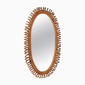 Mid-Century Italian French Riviera Style Spiral Bamboo and Rattan Oval Mirror, 1950s
