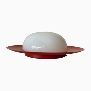 German UFO Ceiling Lamp in Red Metal and Opal Glass by Kaiser Leuchten, 1960s