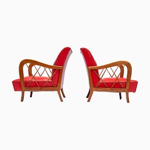 Italian Lounge Chairs in Wood and Red Leatherette by Paolo Buffa, 1950s, Set of 2