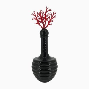 Italian Vase in Black Murano Glass with Red Coral Stopper, 2000s