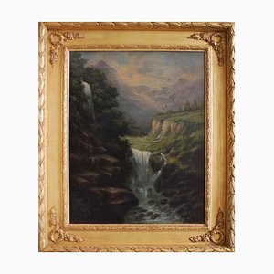 The Waterfall, Ecole Anglaise, Italie, Huile sur Toile, Encadrée