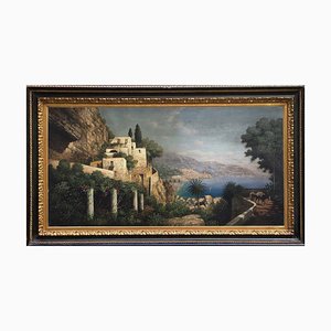 Pintura de paisaje de la costa, escuela de Posillipo, Italia, óleo sobre lienzo, enmarcado