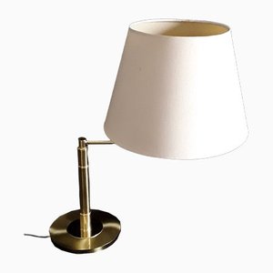 German Adjustable Reading Lamp with Brass Frame, Double Joint & Beige Fabric Shade from Honsel, 1980s