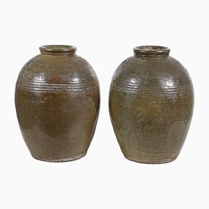 Antique Chinese Pickling Jars in Green Ceramic, 1900, Set of 2