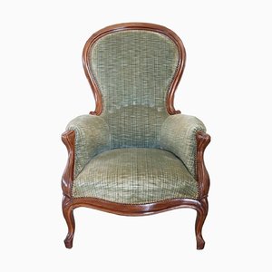 Antique Sold Walnut Armchair with Velvet Seat, 1850s