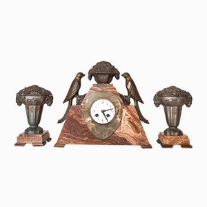Art Deco Clock with Cassolettes in Marble, Set of 3