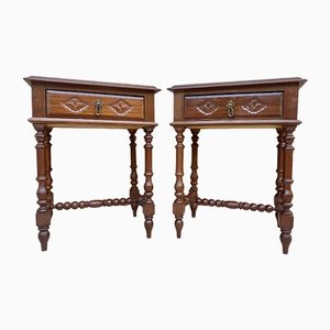Vintage French Nightstands in Solid Carved Walnut with Turned Columns, Set of 2