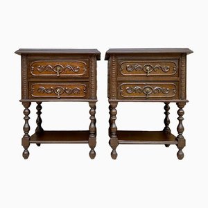 French Nightstands in Carved Walnut Two Drawers and Shelf, Set of 2