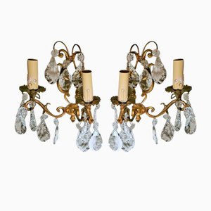 French Louis XVI Style Wall Sconces in Brass and Crystals, Set of 2