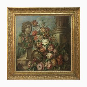 Pintura Flores y Ruinas, Escuela italiana, Óleo sobre lienzo, Enmarcado