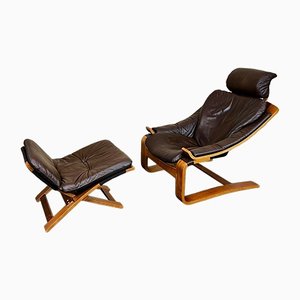Mid-Century Teak & Leather Kroken Easy Chair with Footstool by Åke Fribytter for Nelo Möbel, Sweden, Set of 2