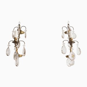 Swedish Sconces in Brass and Crystal, Set of 2