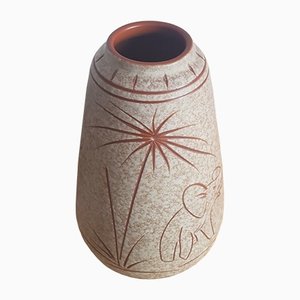 Vaso grande Mid-Century in ceramica con elefante e palma