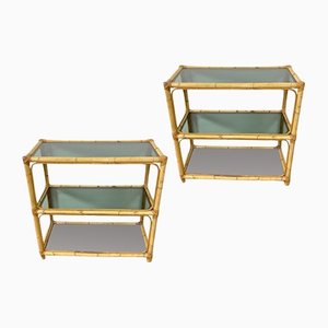Vintage Wicker and Bamboo Console Tables with Smoked Glass, Set of 2