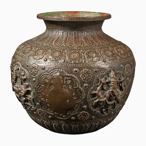 Vase Diwali Antique en Bronze avec Ganesh et Lakshmi, Inde