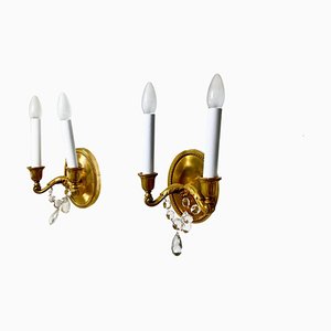 19th Century Solid Brass and Crystal Sconces, France, Set of 2