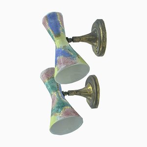 Brass and Colored Ceramic Wall Sconces, Italy, 1950s, Set of 2