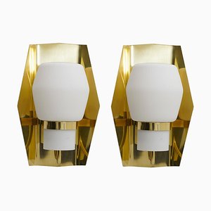 Mid-Century Scandinavian Wall Lamps in Brass and Glass, Set of 2