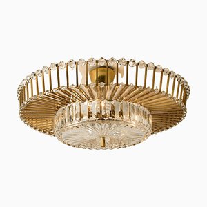 Large Brass and Crystal Flush Mount by Ernst Palme, Germany, 1970s