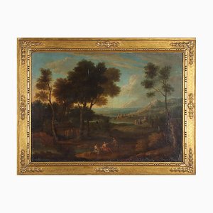 French School Artist, Landscape with Figures and Buildings, Late 18th Century, Oil on Canvas, Framed