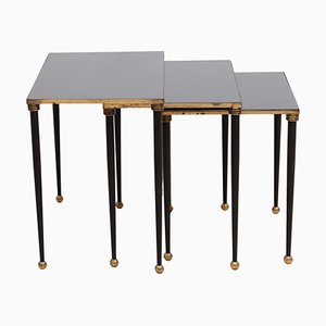 Brass Frame and Black Mirror Glass Nesting Tables from Maison Jansen, France, 1950s, Set of 3