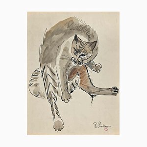 Philippe Chedeau, The Brown Cat, Original Drawing, Mid 20th-Century